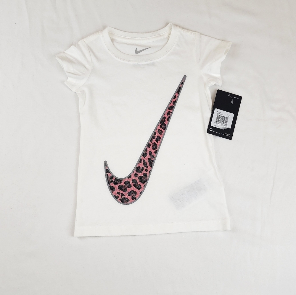 Nike White T-Shirt with Pink Leopard Swoosh